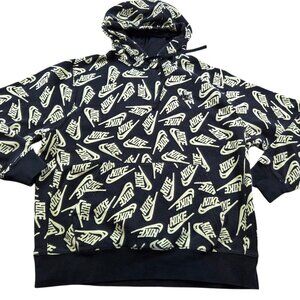Nike Hoodie Mens Large Black Yellow Neon All Over Print Logo Pullover Fleece